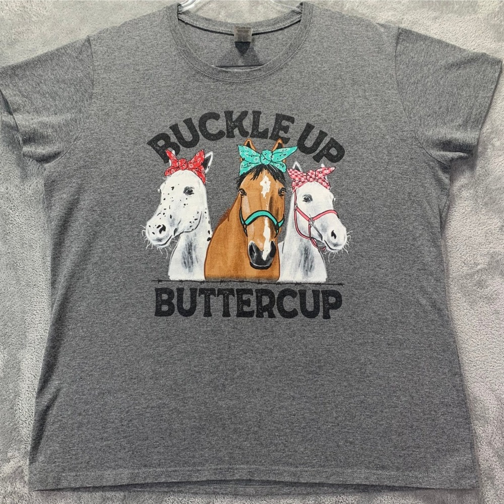Western Horse Graphic T Shirt Womens XL Buckle Up Buttercup Cowgirl Tee